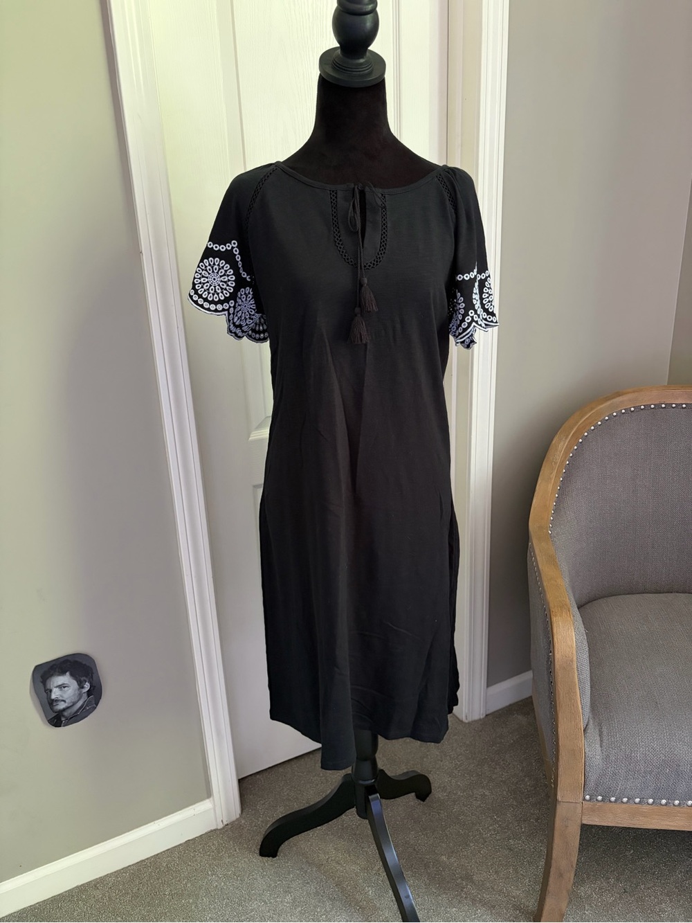 Talbots Black Midi Dress with White Embroidered Sleeves